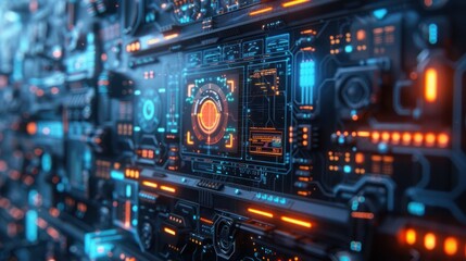 A futuristic digital interface with glowing circuits and screens.