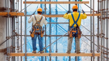 Construction workers on scaffolding overlooking a city skyline.