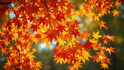 A vibrant tapestry of crimson and gold leaves, illuminated by the sun's gentle rays, creates a breathtaking autumnal display.