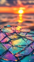 Fototapeta premium Colorful shards of glass catching sunlight over calm water at sunset.