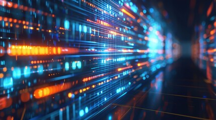 Fototapeta premium A futuristic digital tunnel filled with vibrant blue and orange light patterns.