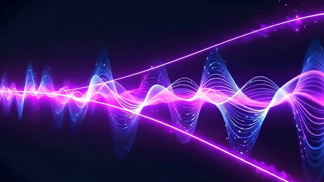 Dynamic Neon Sound Wave Pattern in Vibrant Purple and Blue Light on Dark Background

