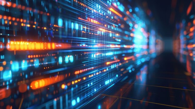 A futuristic digital tunnel filled with vibrant blue and orange light patterns.