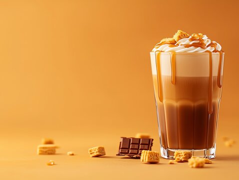 Indulgent coffee drink with toppings cozy cafe setting beverage photography warm color palette close-up view delicious concept