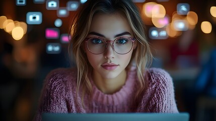 A woman wearing glasses is sitting at her laptop, surrounded by social media icons and data visualizations floating above the screen