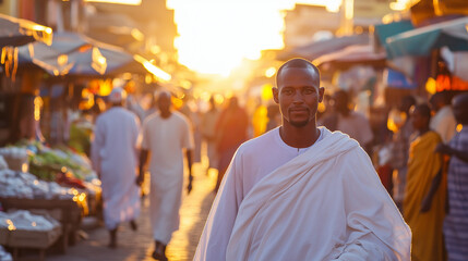 Fototapeta premium Serene Man in Marketplace with Vibrant Vendor Stalls and Sunset Glow