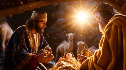 Three Wise Men Present Gifts in Nativity Scene