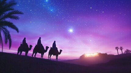 Fototapeta premium Three Wise Men Journey to the Stable Under Starry Sky