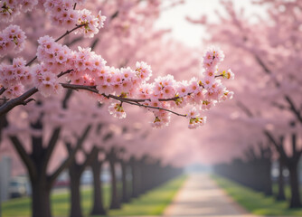 Obraz premium Blooming cherry blossom trees framing a peaceful path in spring