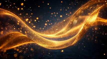Obraz premium A Glimmering Golden Ribbon Swirling in the Air: A Luxurious Display of Light Particles Against a Dark, Majestic Background