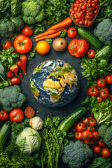 Fresh organic vegetables surrounding globe, emphasizing global agriculture and healthy eating