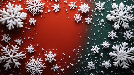 Festive Winter Wonderland: Elegant white snowflakes gently falling on a red and green background. Perfect for Christmas!