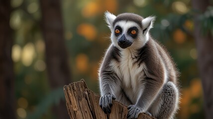 Here's a caption and keywords for your image.. Ring-tailed lemur perched on weathered wood, alert expression, autumnal background.
