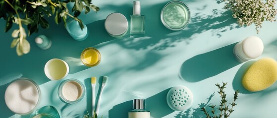 A serene arrangement of skincare products and natural elements on a soft blue surface.