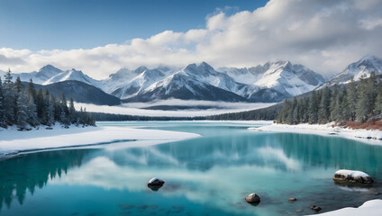 A beautiful lake with snow mountains in the background. The water is blue and the sky is clear. There are trees on the shore of the lake
