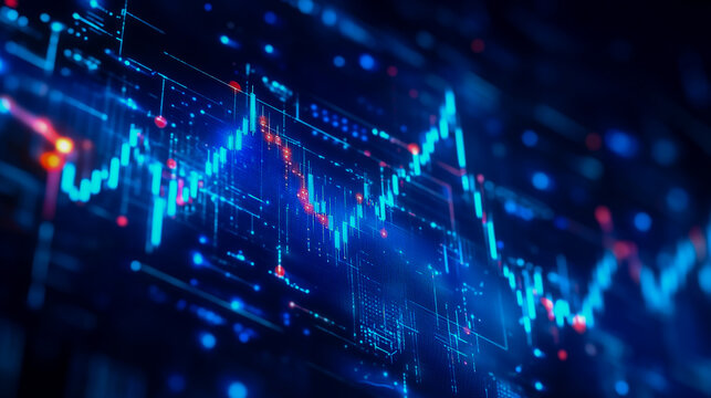 Abstract stock market background with blue glowing stars, polygonal graphs, and arrows on a dark background. Digital technology concept.