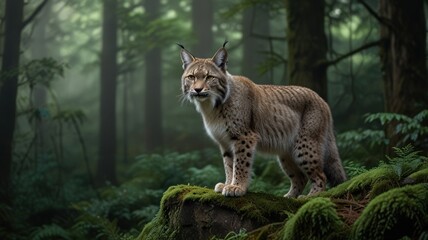 Obraz premium Majestic lynx standing on mossy rock in misty forest.