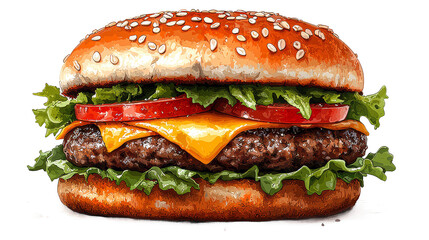 Vector Illustration of a classic cheeseburger with sesame seed bun, lettuce, tomato, melted cheese, and grilled beef patty &ndash; Isolated on transparent background