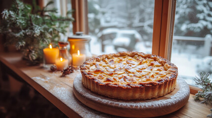 Rustic apple pie on wooden table with snow-covered scene outside window during winter