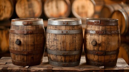 Naklejka premium Three wooden barrels with metal bands, likely used for aging beverages.