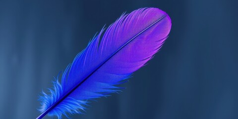 Obraz premium A single feather in shades of blue and purple, gently resting against a dark blue backdrop. Its intricate structure and vibrant colors create a delicate yet captivating composition.