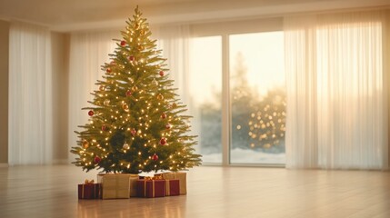 Christmas Tree with Presents in Bright Room.
