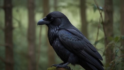 Here's a caption and keyword list suitable for stock photo submission.. Majestic raven perched on mossy branch in forest.
