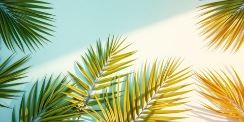Fototapeta premium Tropical Palm Fronds Arranged on a Soft Blue Background with Sunlit Shadows