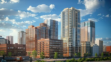 A cluster of city buildings with varying heights and architectural styles.