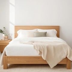 Obraz premium A cozy, minimalist bedroom featuring a wooden bed, soft linens, and natural light creating a serene and inviting atmosphere.