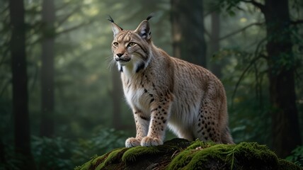 Fototapeta premium Majestic lynx sitting on mossy rock in misty forest.
