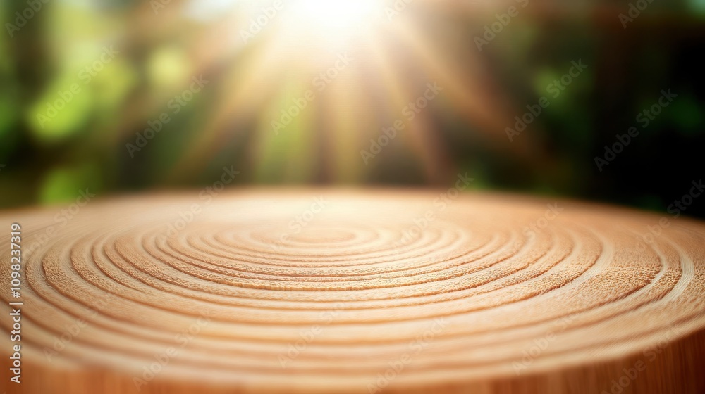 Aufkleber a close-up of a wooden surface with concentric rings, illuminated by sunlight filtering through a lu