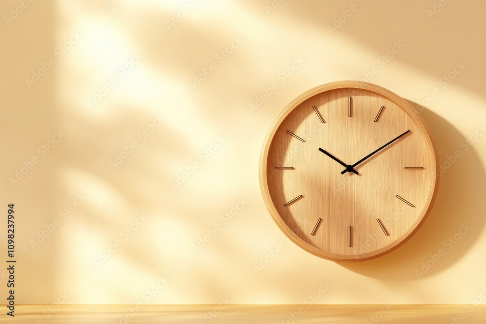 Aufkleber a minimalist wooden clock casts soft shadows on a light wall, creating a serene and tranquil atmosph