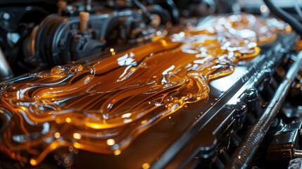 Close-up of engine oil flowing over a vehicle's engine component.