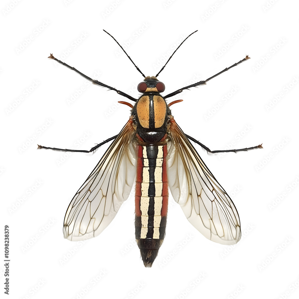 Poster isolated dorsal view of a rhagio mystaceus snipe fly with transparent wings and striped body on a cl