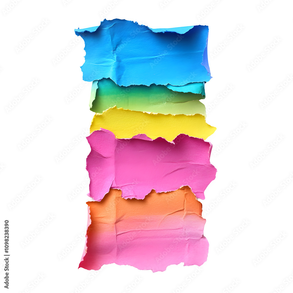 Poster stack of colorful ripped paper pieces creating a vertical banner on a transparent background, ideal 