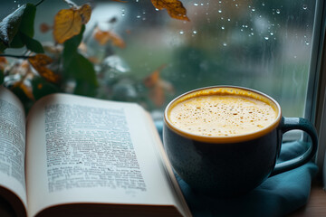 Morning tranquility with a warm drink and a good book by the window