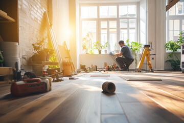 A contractor installs modern hardwood flooring in a bright living room, surrounded by quality tools, focusing on craftsmanship and precision.