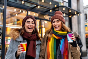 Fototapeta premium LGBTQ Couple on a during the winter, A queer couple holding hands and enjoying a sunny winter day