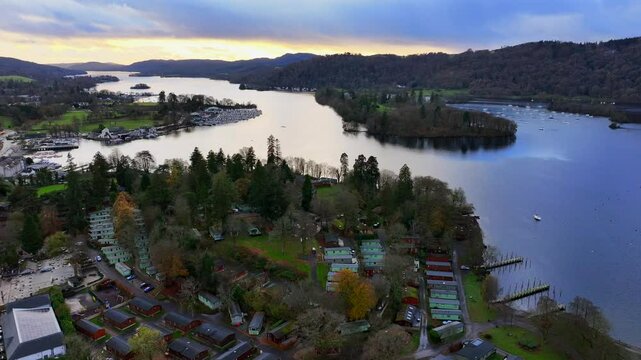 Aerial video of Windermere lake and the cloudy landscape