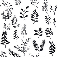 Seamless Pattern Featuring Doodle Leaves and Ferns in a Stylish Botanical Design