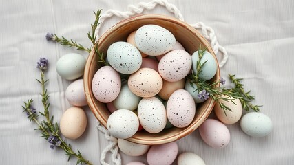 Obraz premium A delicate collection of speckled Easter eggs nestled in a rustic bowl, adorned with sprigs of rosemary and lavender, evokes a sense of springtime joy.