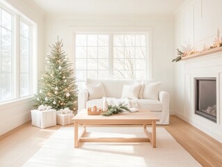 Fototapeta premium Cozy Christmas Living Room with White Sofa and Decorated Tree