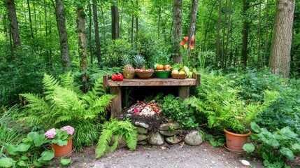 Rustic Outdoor Compost Heap Surrounded by Lush Greenery, Featuring Fresh Produce and Vibrant Plants in a Natural Forest Setting
