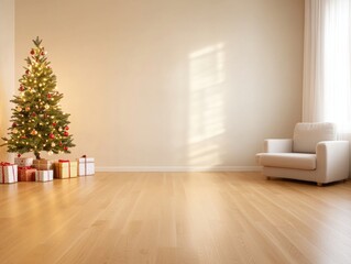 Christmas Tree and Presents in Minimalist Room Interior