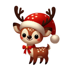 Fototapeta premium Adorable cutel Christmas baby Deer with red ribbon and santa hat