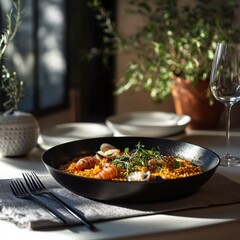 Artistic Close-ups of Traditional Spanish Paella with Seafood
