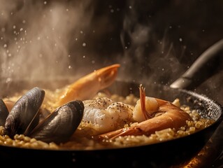 Artistic Close-ups of Traditional Spanish Paella with Seafood
