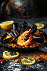Artistic Close-ups of Traditional Spanish Paella with Seafood
