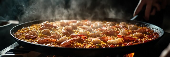 Artistic Close-ups of Traditional Spanish Paella with Seafood
